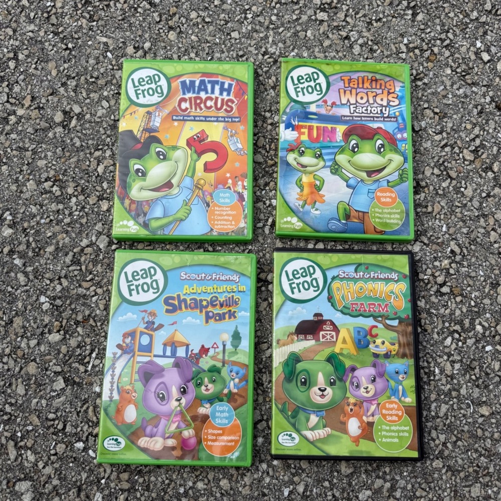 LeapFrog DVD Lot of 4 Math Circus Phonics Farm Shapeville Talking Words Factory